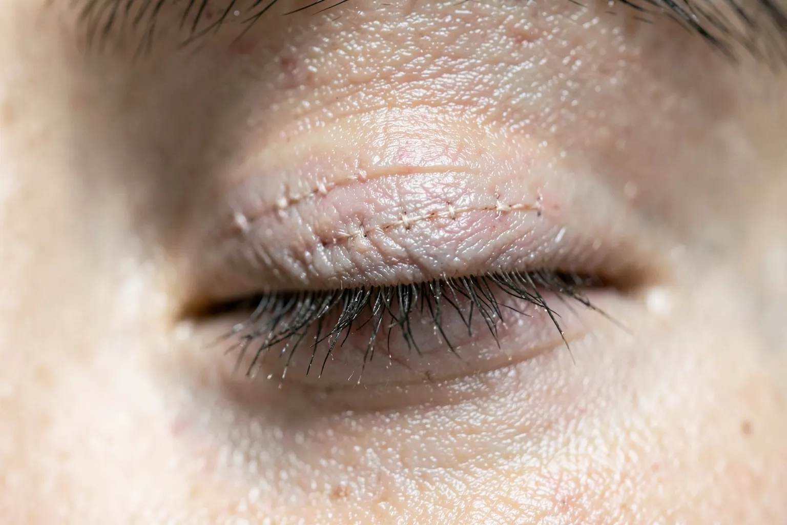 Uma pálpebra superior com pontos cirúrgicos visíveis, em close-up extremo, com iluminação suave vinda de cima, focando nos detalhes da cicatrização.