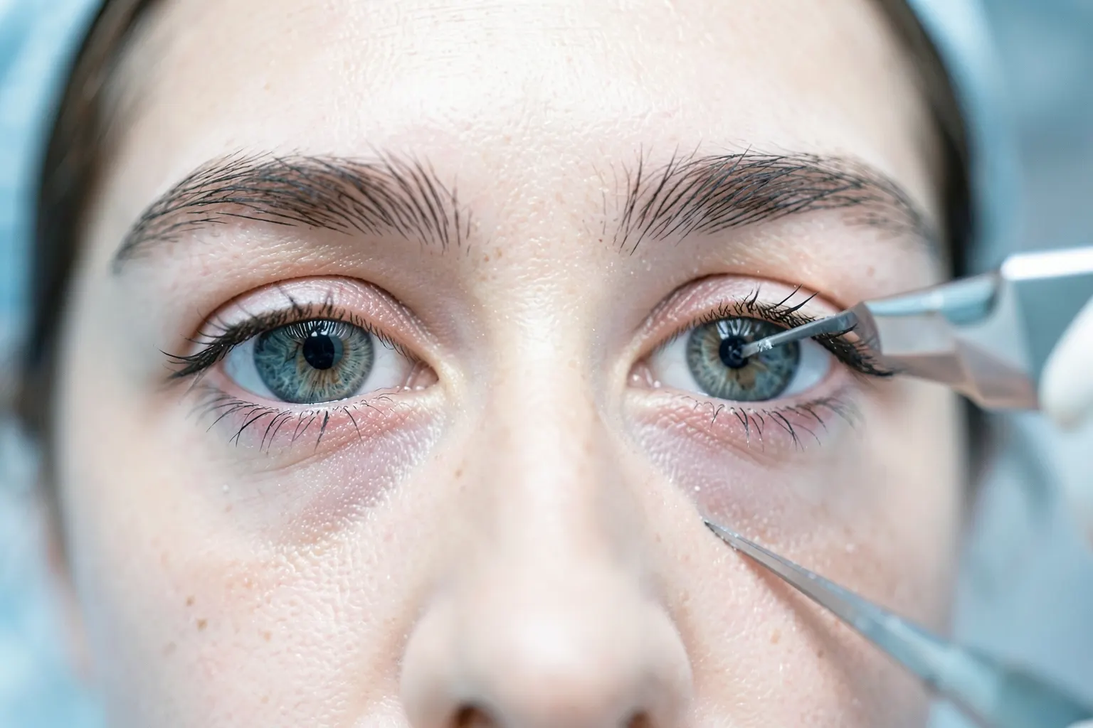 Olhos com pálpebras superiores e inferiores sendo examinados por um cirurgião plástico com um instrumento médico.