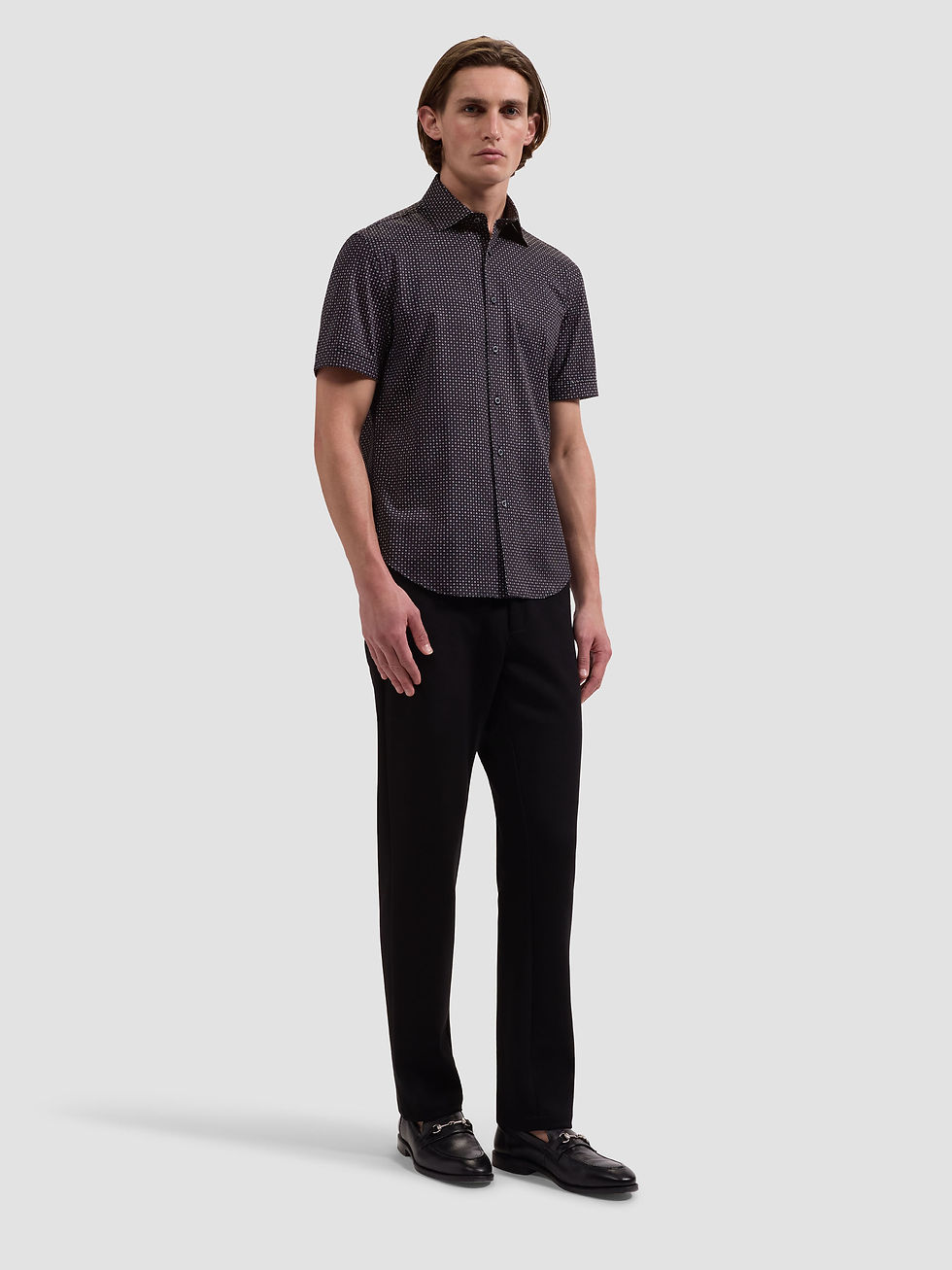 Thumbnail: Bugatchi Oooh Cotton Short-Sleeve Shirt: Black Geometric Print