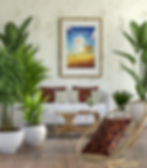 Intérieur de maison avec affiche de Biscarrosse encadrée.