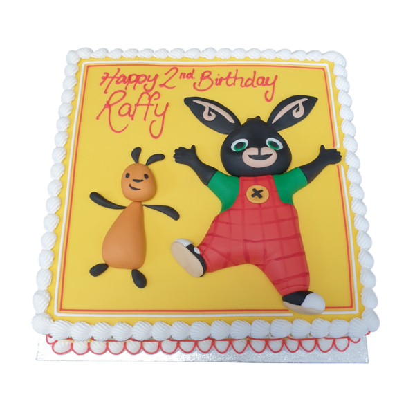 Adorable Bing Bunny and Flop themed cake perfect for any fan of the popular children's show. Great for birthdays and special occasions.
