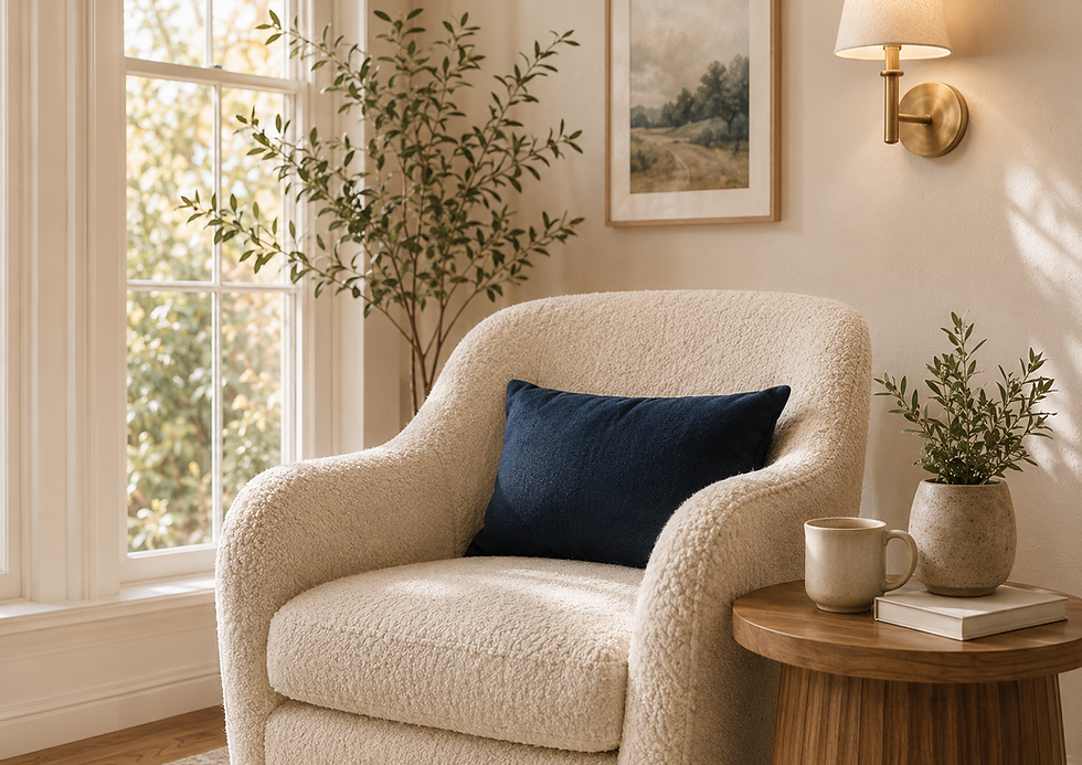 Cozy white bouclé armchair with a navy pillow near a window