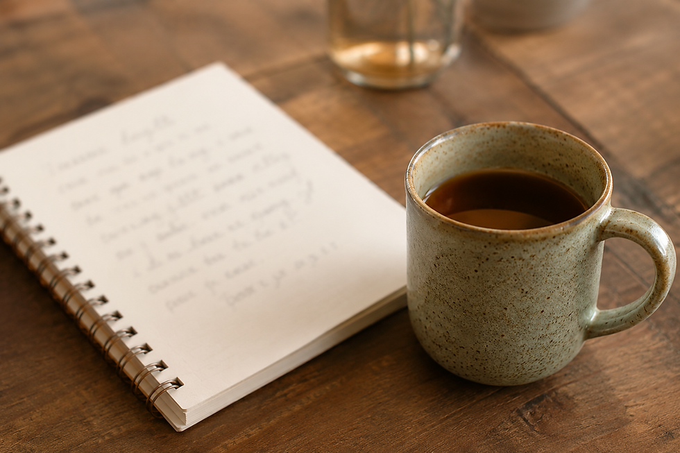 Handwritten notes in a spiral notebook next to a mug of tea.