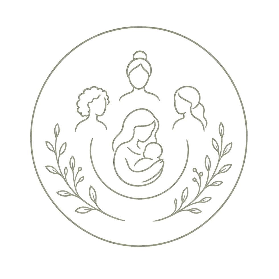 Line art of mother holding baby surrounded by women.