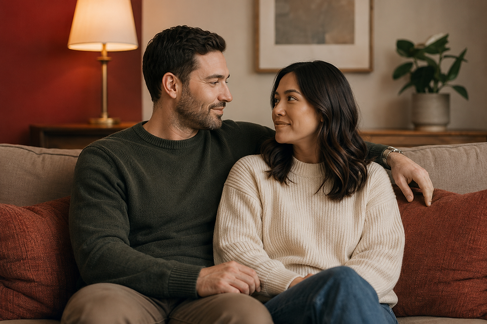 A happy couple sitting on a couch, looking at each other.