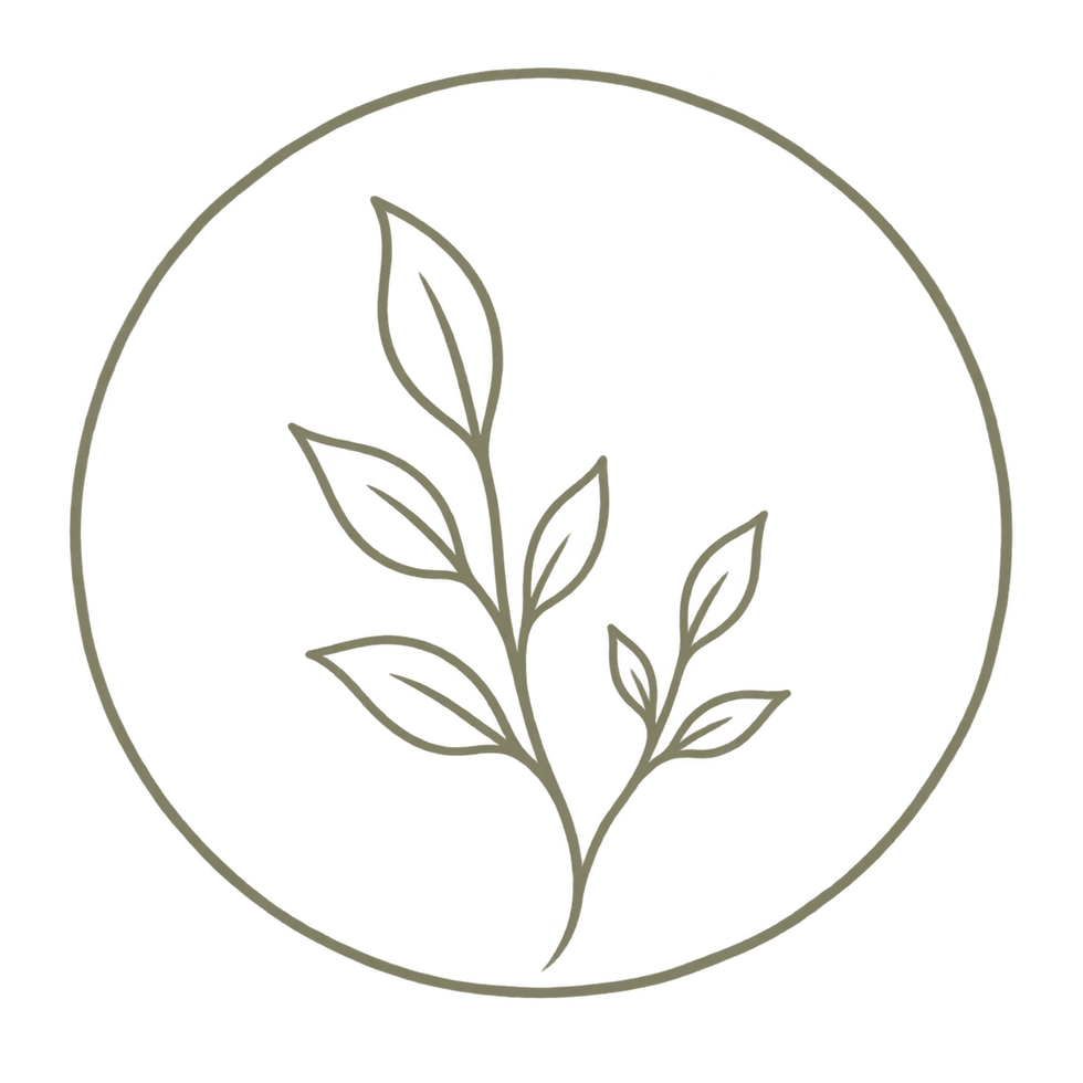 Line art of a leafy branch inside a circle