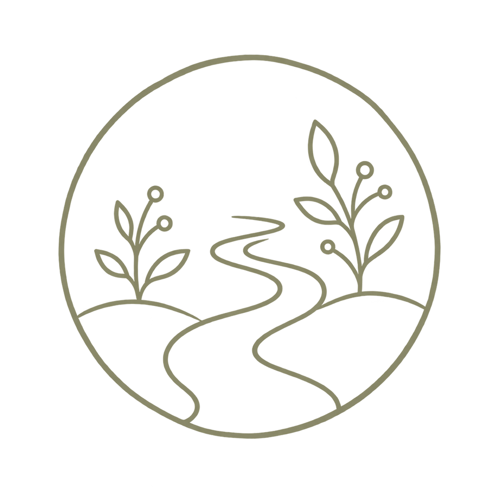 Line drawing of a winding path through hills and plants