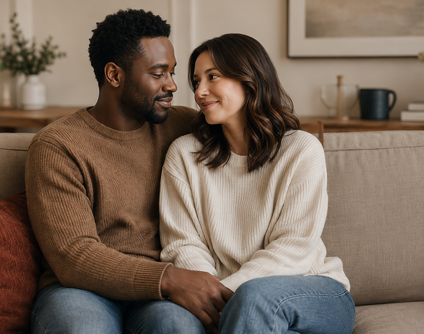 Couple sitting on a couch looking at each other