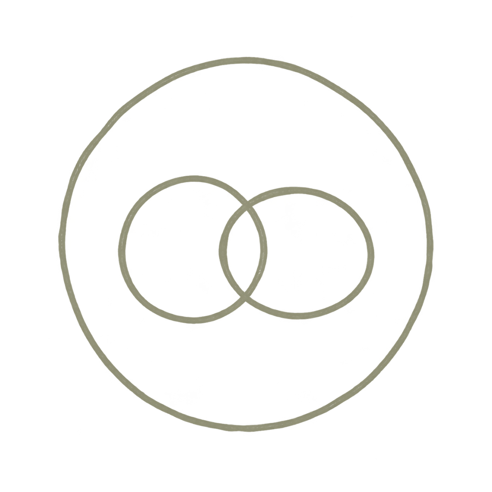 Two interlocking circles inside a larger circle.