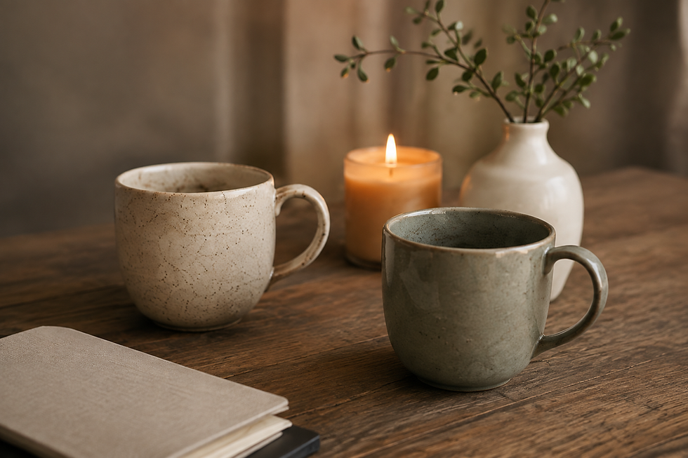 Two mugs, a candle, and a notebook on a wooden table.