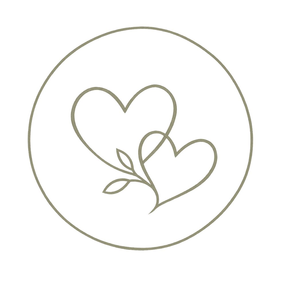 Two interconnected hearts with a leaf in a circle