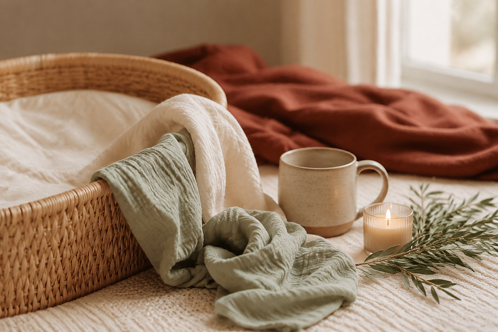 Cozy nursery scene with wicker bassinet, mug, and candle.