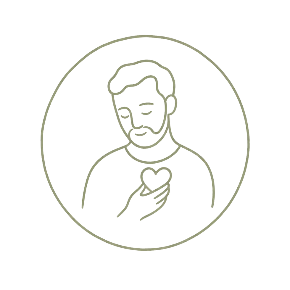 Line drawing of a bearded man holding a heart to his chest.
