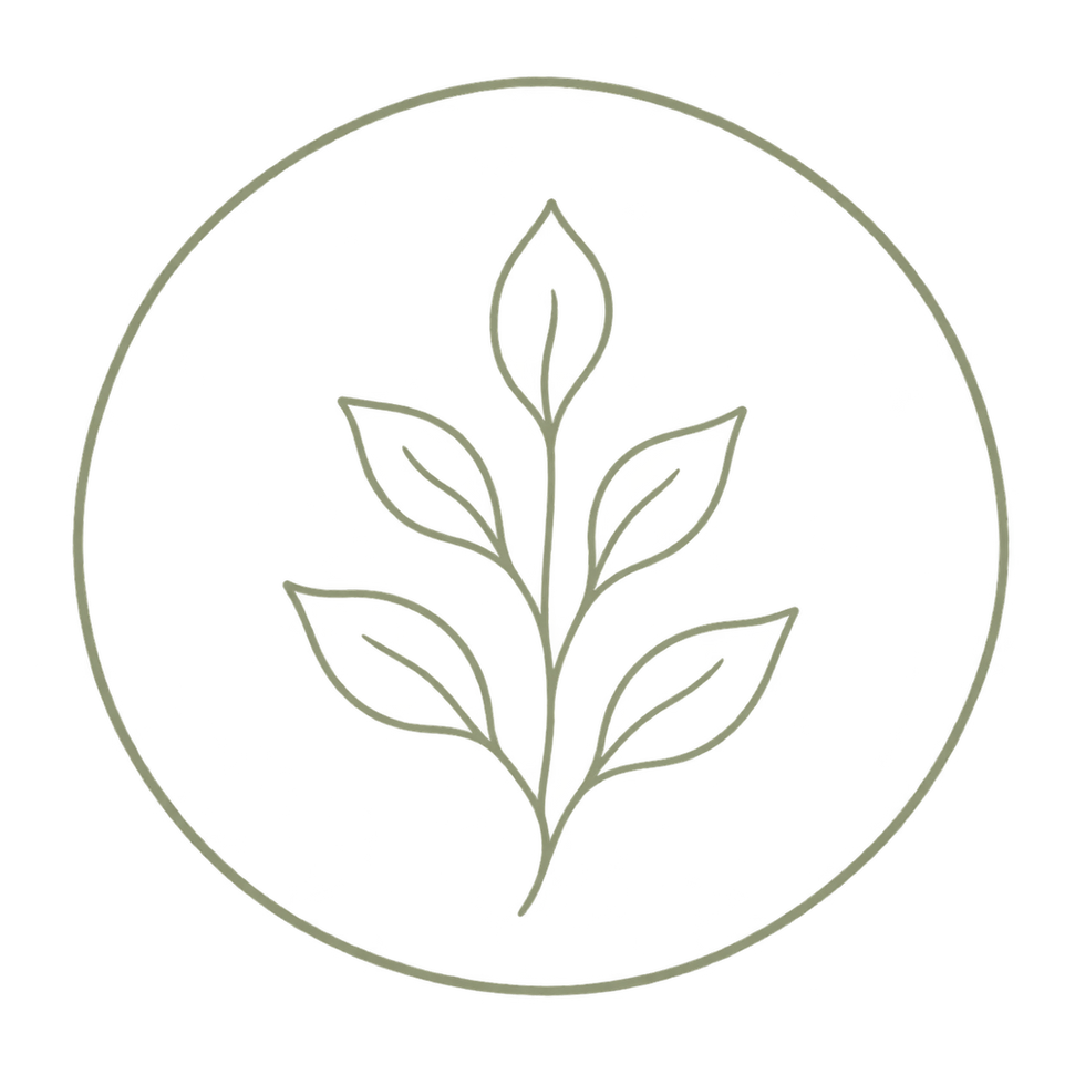 Line art of a leafy branch inside a circle.