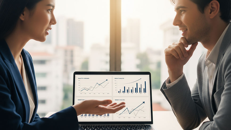Close-up view of a laptop screen showing financial graphs and reports