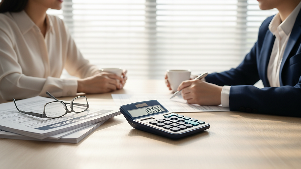 Close-up view of calculator and tax documents on office table