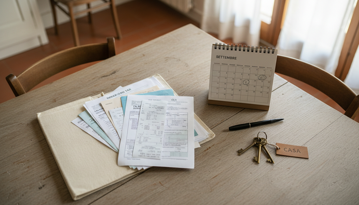 Vista dall’alto di una cartella domestica con documenti fiscali e calendario aperto