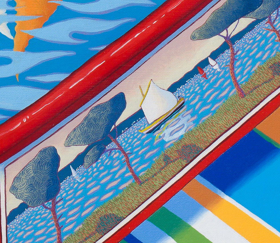 Peinture Un goût d’août – détail décoration de la boite avec pins et voiles blanches