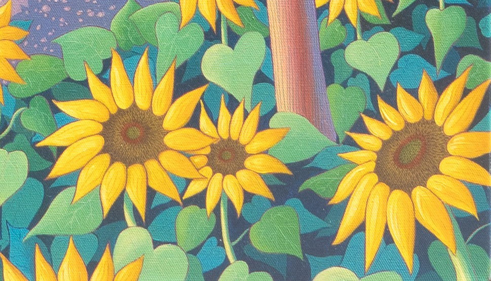 Grand tournesol au premier plan – détail de la peinture Catlinéa, œuvre contemporaine poétique