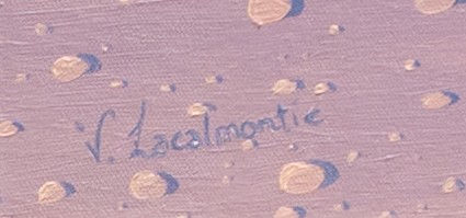 Signature V. Lacalmontie – détail de la peinture Catlinéa, œuvre contemporaine poétique