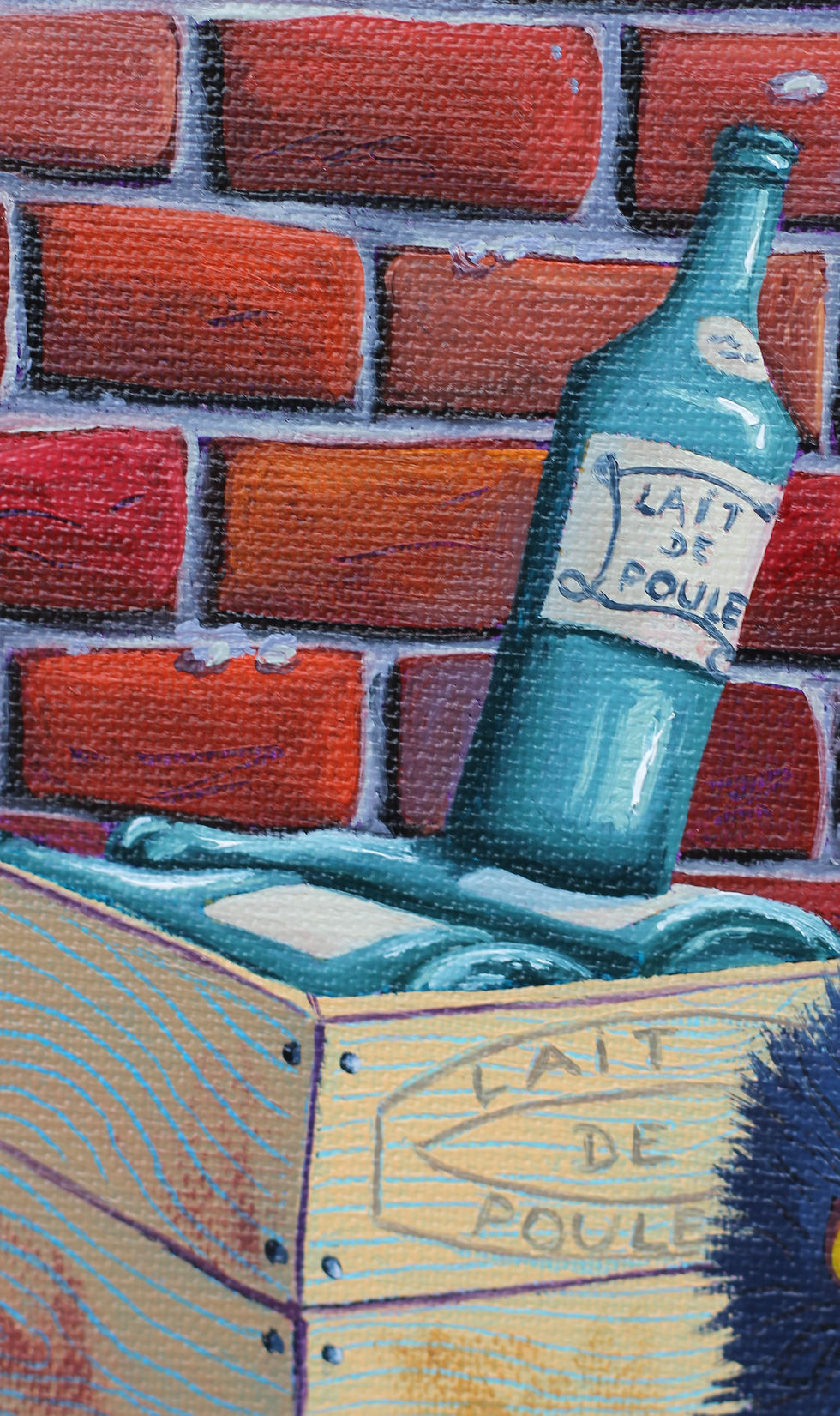 Thumbnail: Bouteilles et caisses de lait de poule peinture huile - Détail Cocotta Nostra