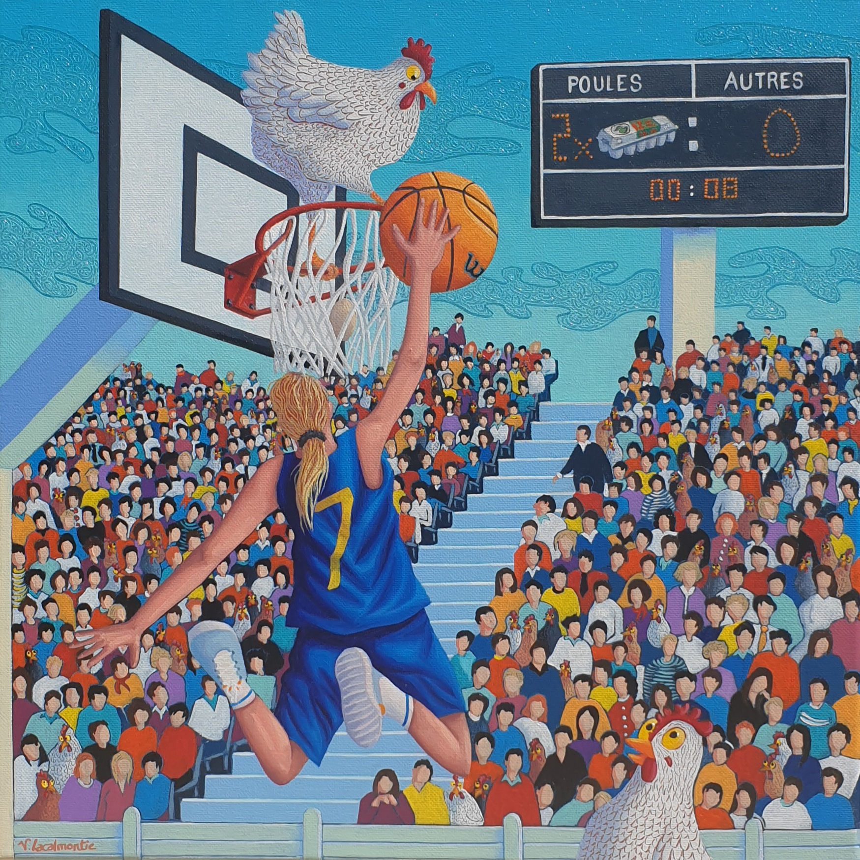 Scène humoristique de basket avec joueuse dunkant et poule perchée sur le panier – peinture sport animalier de V. Lacalmontie