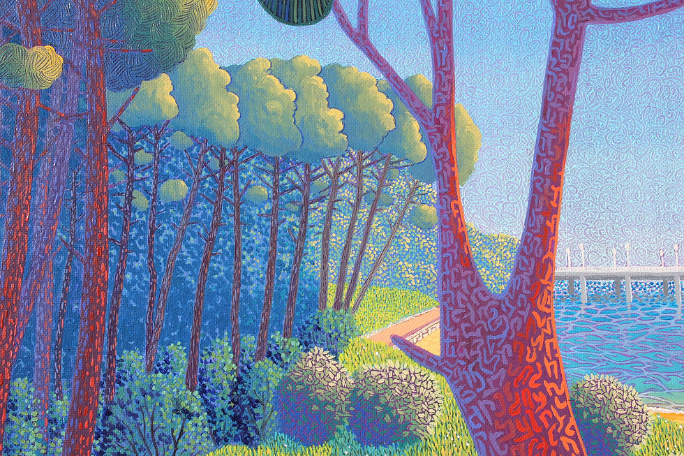 Perspective des pins sur la plage de Péreire, extrait de la peinture de Valérie Lacalmontie.