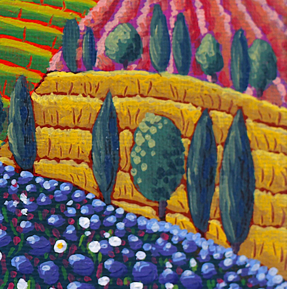 Miniature : Détail d'un paysage stylisé des champs cultivés et des arbres séparant les prés.