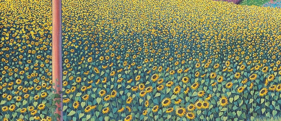 Champ de tournesols en perspective – détail de la peinture Catlinéa, œuvre contemporaine poétique