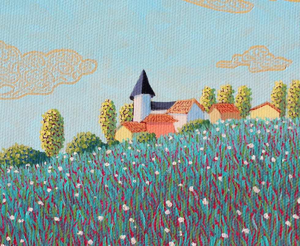Miniature : Détail du village et des arbres du tableau L’Épouvantail et ses oiseaux – peinture de paysage stylisé.
