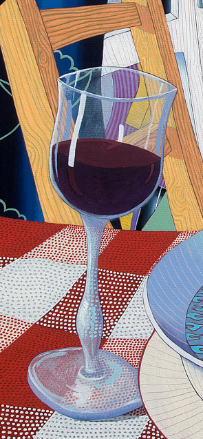 Peinture Velou d'été, détails du verre de vin, de la chaise, et de la nappe