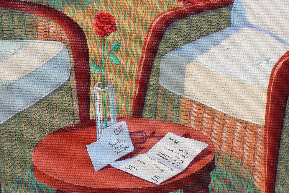 Détail de la peinture La lettre ce jour d’automne – table ronde avec lettre, rose rouge et fauteuils