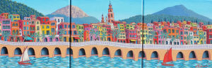 Multirêve-Menton — Clocher, bâtiments colorés, voiliers et montagnes par Valérie Lacalmontie.