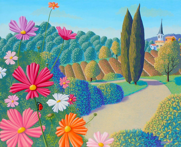 Parcocosmos, peinture contemporaine stylisée 80x100 cm, paysage vibrant et poétique aux couleurs intenses