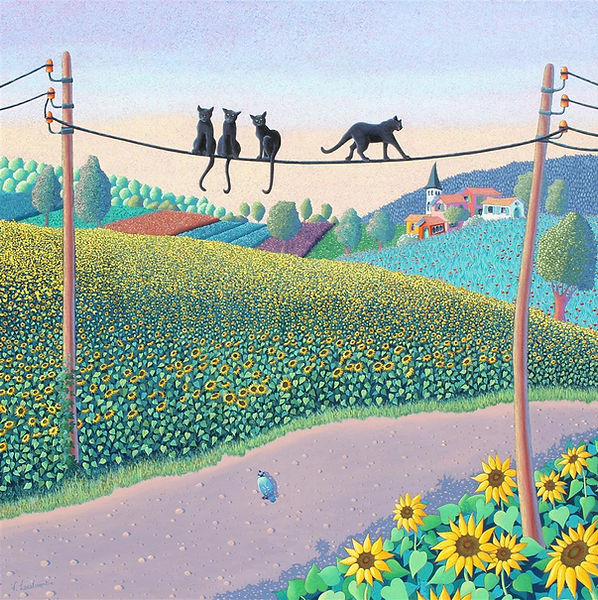 Catlinéa – peinture surréaliste figurative de Valérie Lacalmontie, quatre chats noirs perchés.