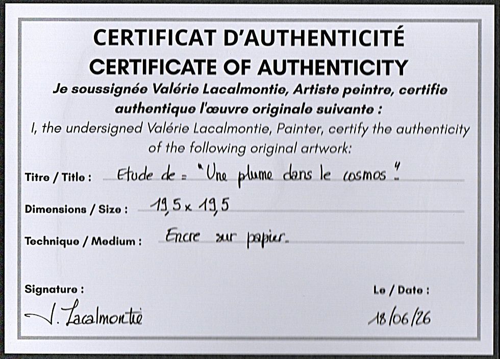 Certificat d'authenticité - Certificate of Authenticity Une plume dans le cosmos - Valérie Lacalmontie