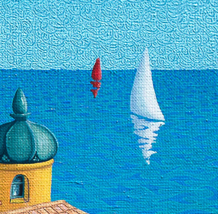 Voiliers sur mer bleue, peinture lumineuse et poétique.