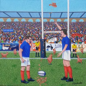 Qualifications ; Match de poules (Boulette sur poulette) — Peinture figurative et humoristique de ru