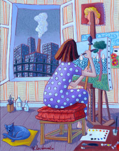 Un Travail - Le Métier d'Artiste Peintre — Peintre au chevalet face à une ville industrielle, chat b