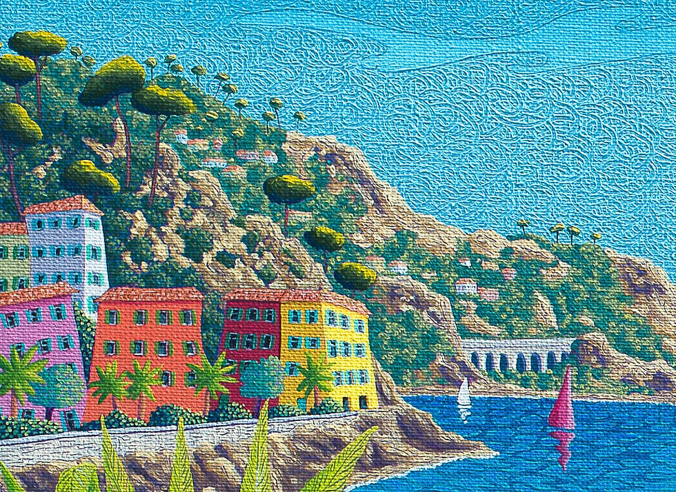 Maisons colorées au bord de la mer, peinture poétique.