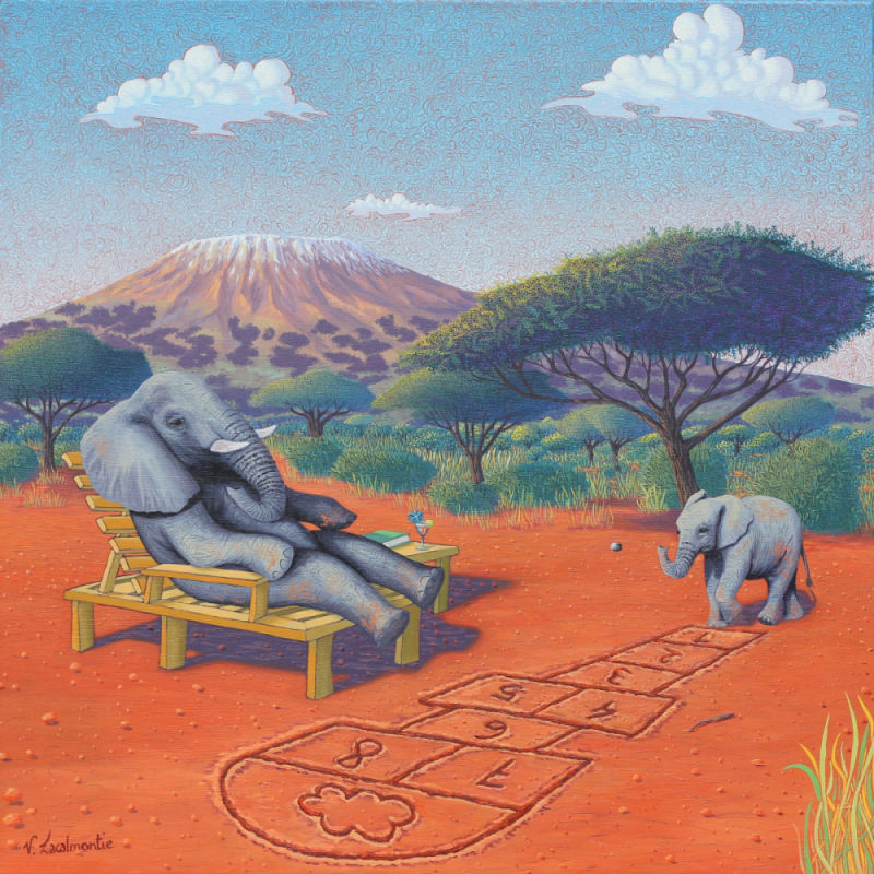 Peinture à l'huile originale La Marelle (50x50 cm) - tableau avec éléphants dans la savane par Valérie Lacalmontie.