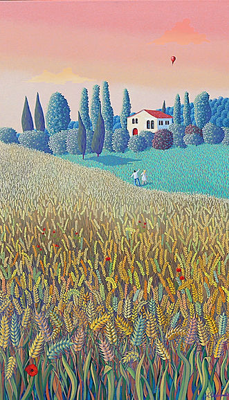 Peinture huile paysage d'été Souvenir près du champ de blé - Artiste Valérie Lacalmontie