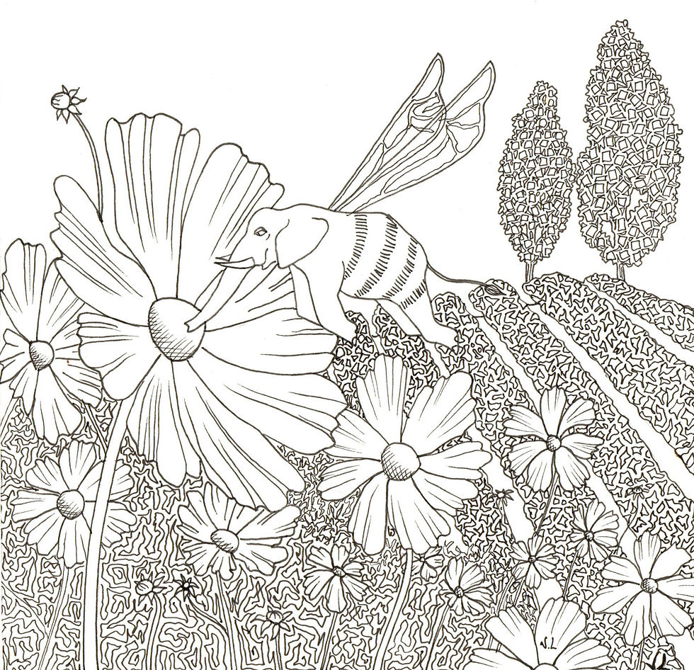 Dessin encre - Study Une plume dans le cosmos surreal winged elephant bee and giant flowers - Valérie Lacalmontie