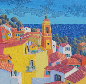 Peinture figurative du village de Roquebrune — Paysage revisité par Valérie Lacalmontie