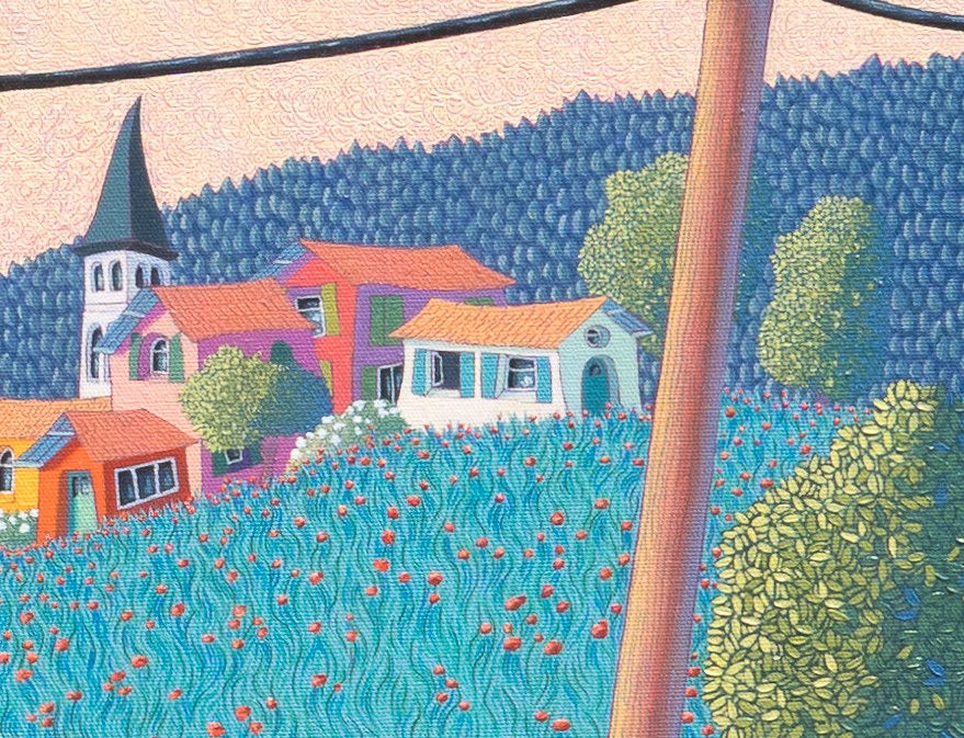 Village coloré au clocher – détail de la peinture Catlinéa, œuvre contemporaine poétique