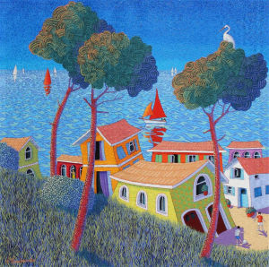 Frazione mare — Paysage imaginaire, village et aigrette sur pin par Valérie Lacalmontie.