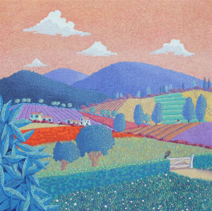 colcham — Campagne stylisée, collines colorées et village par Valérie Lacalmontie.