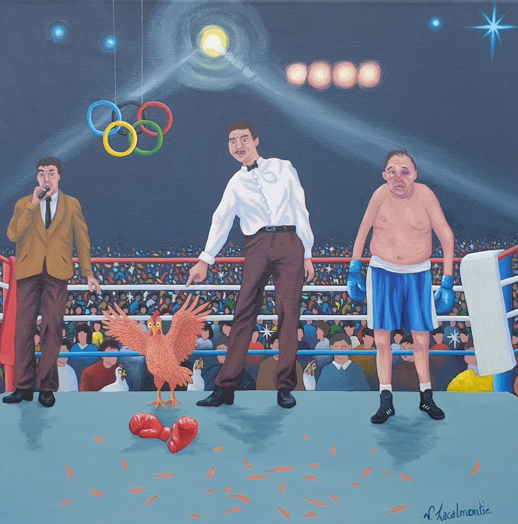 Peinture humoristique d’un ring de boxe avec une poule victorieuse. Scène absurde mêlant sport et art contemporain animalier.