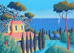 La côte bleue — Peinture stylisée de la Côte d'Azur par Valérie Lacalmontie.