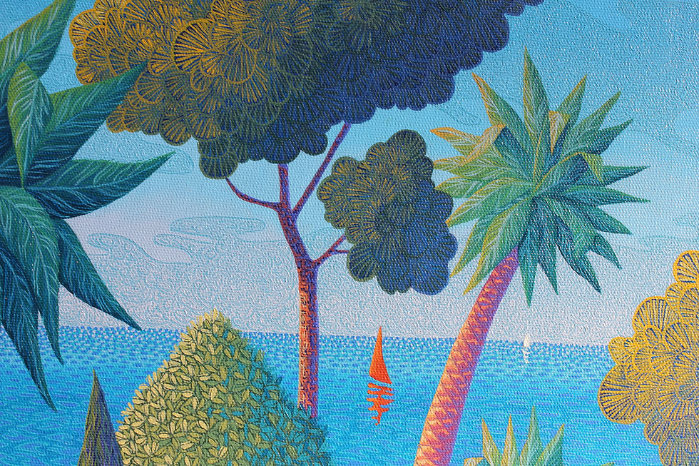 Détail du tableau Azzurino montrant un arbre méditerranéen et un jardin au bord de mer et un voilier